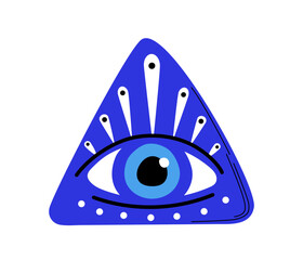 Turkish evil eye. Traditional turkish amulet with blue eye in triangle. Protection from evil spirits. Sticker for social networks. Flat vector illustration