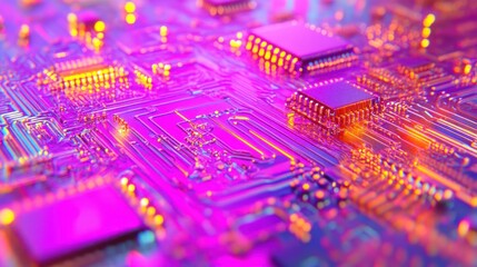 Obraz premium Close-up of vibrant, colorful circuit board with microchips and pathways.