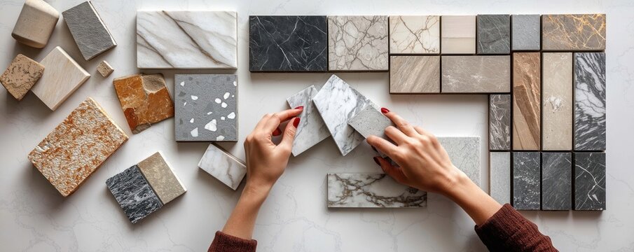 Interior designer, client choosing marble for kitchen facades. Samples of various marble, stone colors arranged on white surface. Hands examining samples. Home renovation remodeling project. - Powered by Adobe