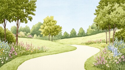 Obraz premium Serene nature walk along flower-lined pathway in lush green landscape tranquil environment