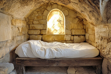 Sunlit ancient tomb in Jerusalem featuring the body of Jesus Christ on a wooden bed wrapped in white linen