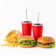 Fast food image with drinks and super food white background. © Sundas