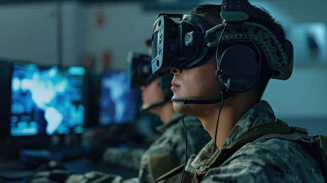 Soldiers wearing vr headsets are participating in a simulated training exercise, utilizing advanced technology for immersive and effective preparation