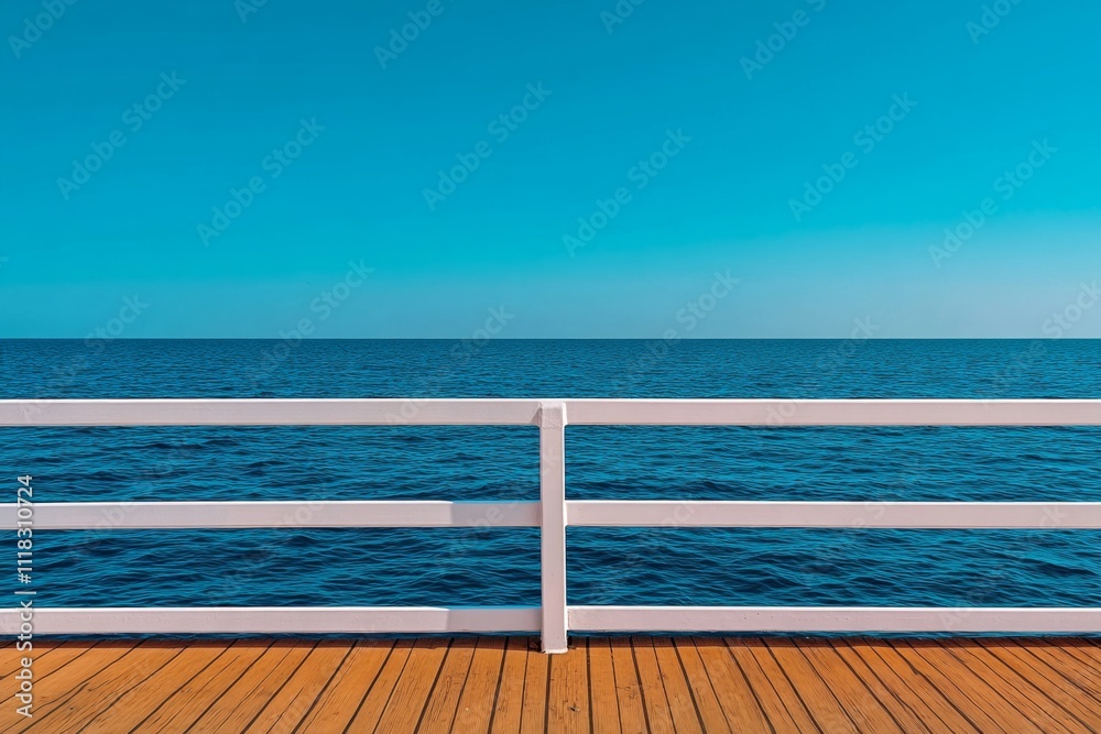 Poster A minimalist design of a ship railing with the ocean beyond, featuring simple lines and soothing colors