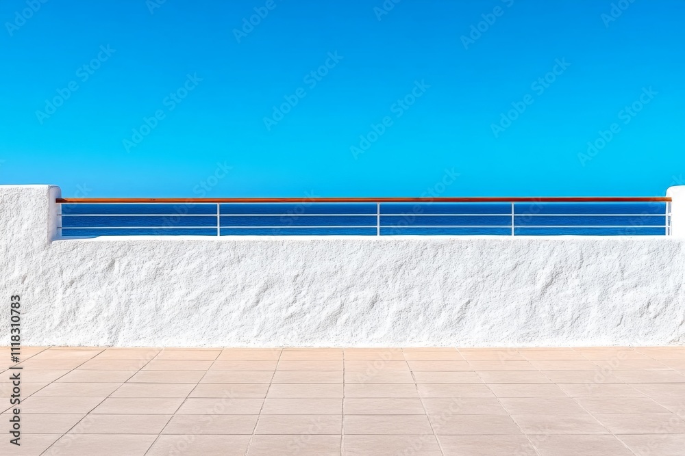 Poster a minimalist design of a ship railing with the ocean beyond, featuring simple lines and soothing col