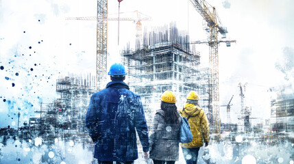 Innovative construction site with dedicated workers and cranes, showcasing teamwork in a vibrant double exposure artwork