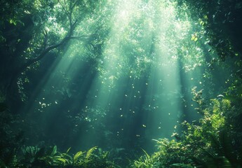 Obraz premium Sunlight Streaming Through Dense Canopy in Lush Forest with Vibrant Green Foliage and a Serene Atmosphere of Natural Tranquility and Peaceful Beauty