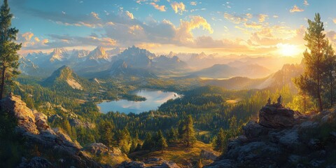 Tranquil Sunset Over Majestic Mountain Landscape with Lush Forests and Serene Lake Reflected under a Colorful Sky Illuminated by Golden Rays of Sun
