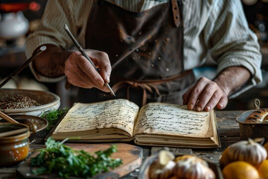 A person is writing in an open book with a pen on a wooden table surrounded by food ingredients. Concept: culinary creation and rustic atmosphere. For cookbook illustration.