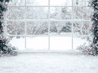 Fototapeta premium Snowy Window View with Winter Decorations