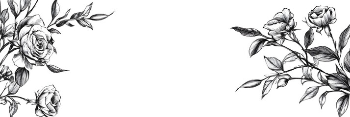 Fototapeta premium Detailed Black and White Botanical Illustration of Branch with Roses