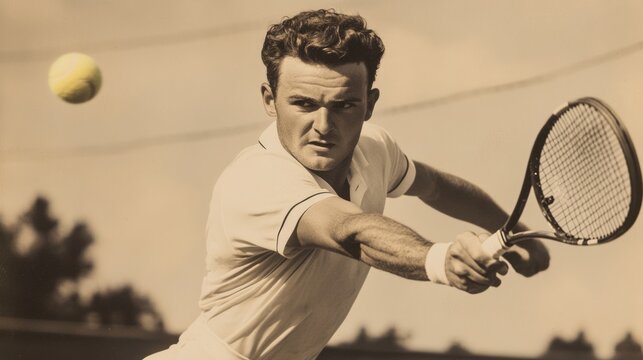 Vintage sepia photo of a focused tennis player during a powerful serve.