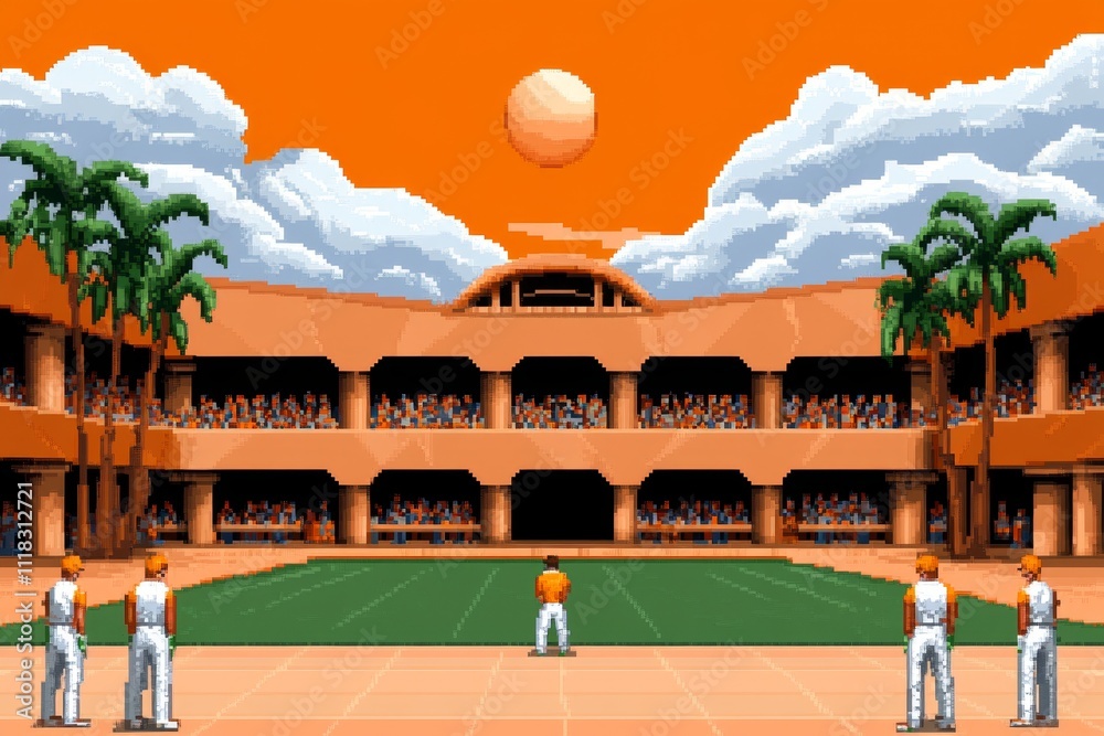 Poster a pixel art cricket match with tiny animated players, a cheering crowd, and a detailed green field i
