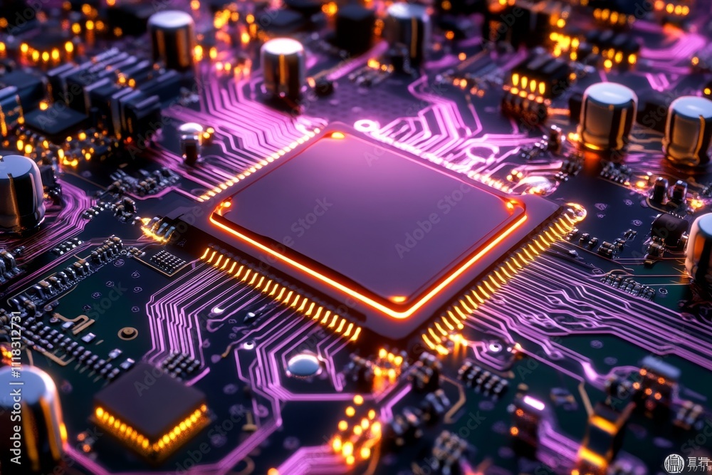 Poster a pixel art depiction of a cpu on a vibrant 8-bit circuit board, with glowing animated pathways and 