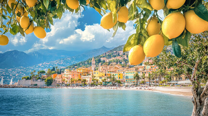 Menton's vibrant summer landscape with lemon tree and picturesque beach scenery