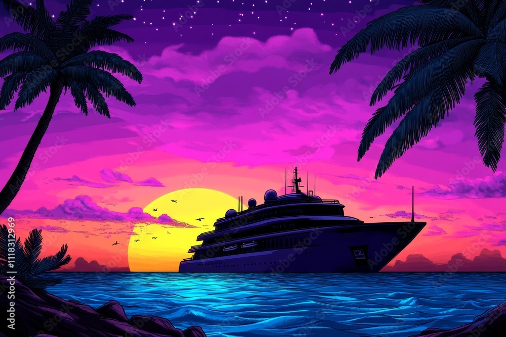 Poster a pixel art depiction of a cruise ship at sunset, with animated waves and passengers enjoying the de