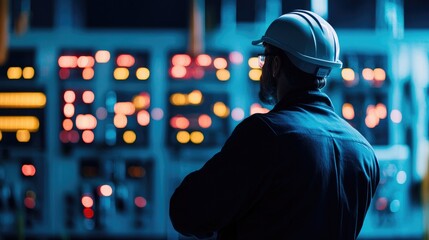 Engineer Observing Control Room with Bright Lights and Equipment