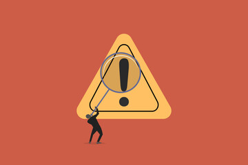 Businessman with magnifying investigate incident with exclamation attention sign. concept of Incident , solving problem, and identify risk