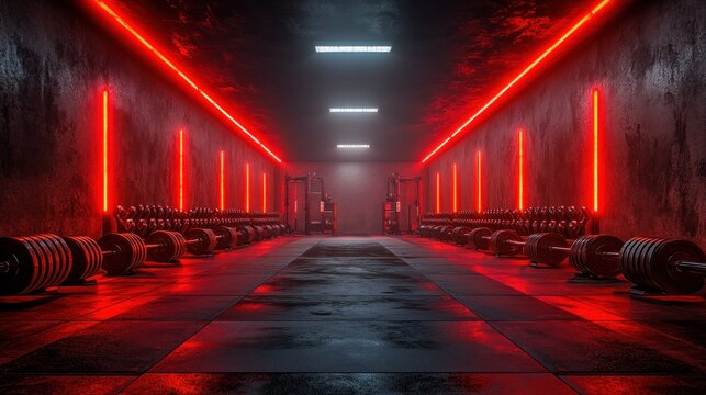 Futuristic gym interior with red neon lighting and rows of dumbbells.