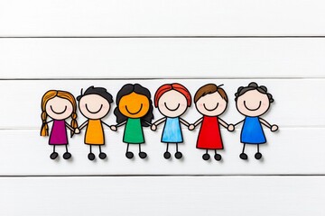 A playful 2D illustration of a group of smiling cartoon characters holding hands in a circle on a white background