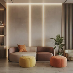 Minimalist, japandi home interior design of modern living room. Minimalistic living area with earthy tones, soft beige sofa, yellow and orange poufs and beige wall with soft lighting.