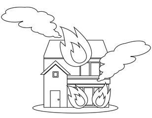 災害に遭う一軒家のイラスト　モノクロ線画の家アイコン