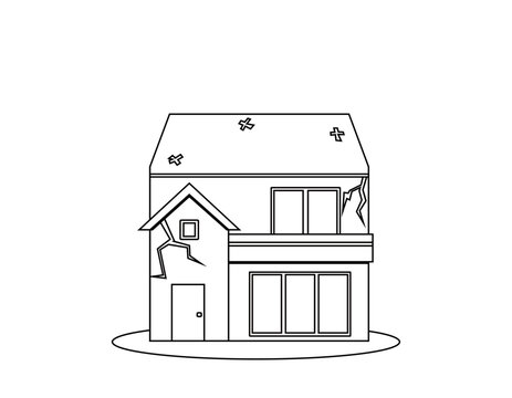 recommend clip art: 災害に遭う一軒家のイラスト　モノクロ線画の家アイコン