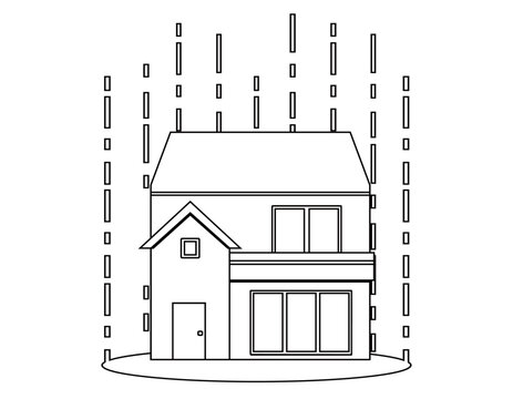 recommend clip art: 災害に遭う一軒家のイラスト　モノクロ線画の家アイコン