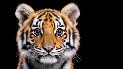 Fototapeta premium Captivating Tiger Cub Portrait: A close-up studio shot of a tiger cub, exuding innocence, with expressive eyes against a black background, highlighting its striking patterns.