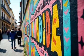 Obraz premium A vibrant mural featuring diverse fonts and cultural symbols, celebrating International Mother Language Day, on an urban wall with people in the background and a lively city environment in daylight