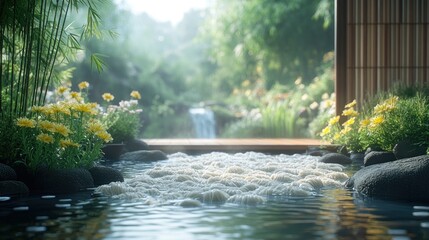 Serene Japanese Garden with Tranquil Waterfall and Flowing Stream