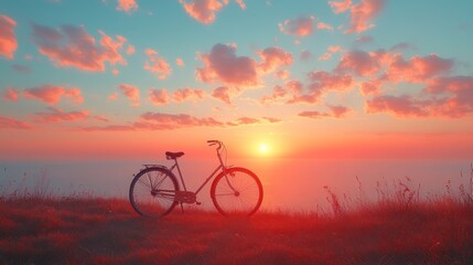 Fototapeta premium Sunset landscape with a bicycle.