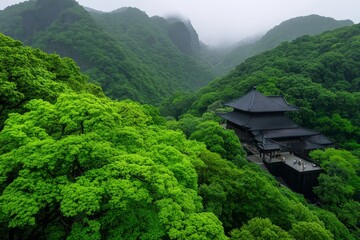 A serene temple surrounded by lush greenery, with people performing rituals and prayers