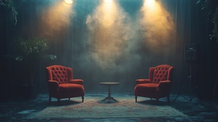 Two Red Armchairs on a Stage with Fog and Lights