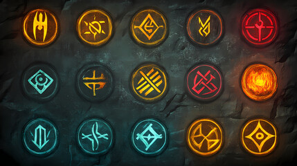 Mysterious cryptic symbols etched into ancient stone, runes of forbidden knowledge. illustration flat color, clip art style , minimalism,. Runes. Illustration