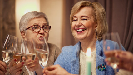 Lively discussion. Elderly women meeting with friends in cozy living-room, laughing, drinking white wine, celebrating. Concept of elderly lifestyle, positive emotions, party, happiness and joy