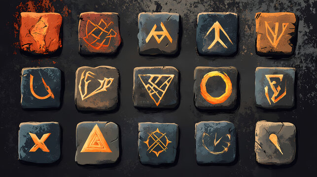 Mysterious cryptic symbols etched into ancient stone, runes of forbidden knowledge. illustration flat color, clip art style , minimalism,. Runes. Illustration