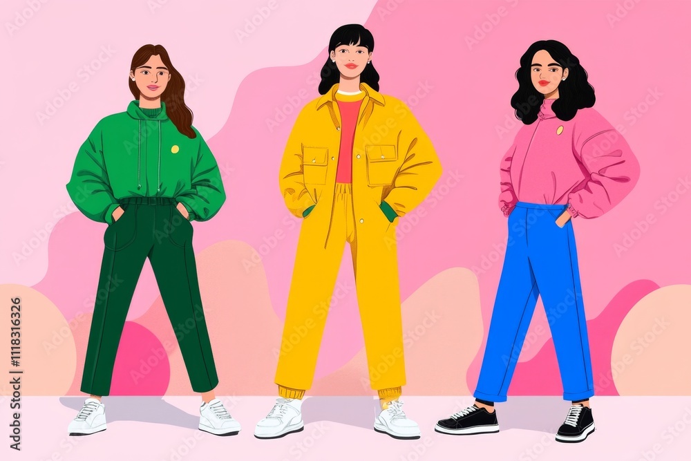 Poster a simple illustration of diverse figures standing side by side, represented in bold colors and clean