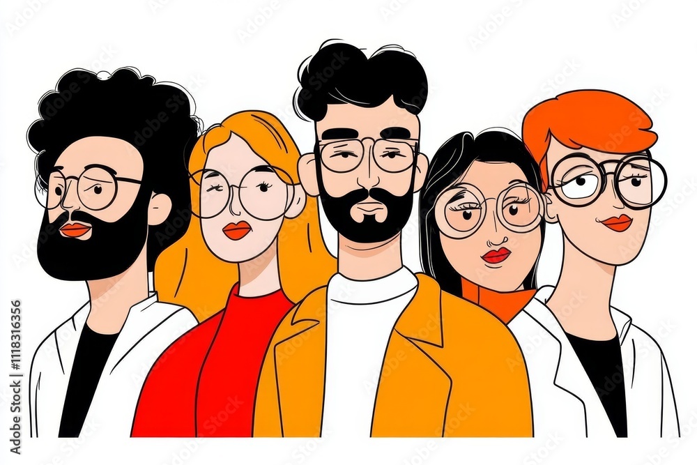 Poster a simple illustration of diverse figures standing side by side, represented in bold colors and clean