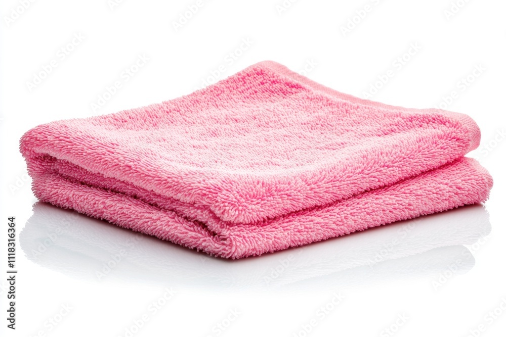 Poster a single pink microfiber cloth with a luxurious and clean appearance, lying flat on a pure white bac