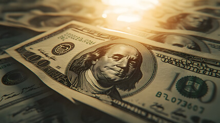 Hundred dollar bills arranged artistically, showcasing the details and texture under soft lighting