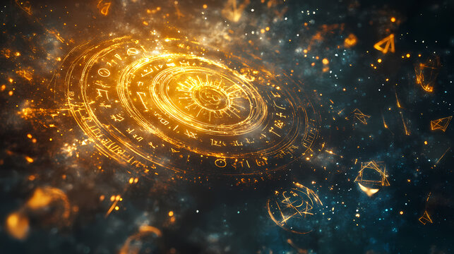 Mystical glowing runes and ancient arcane symbols swirl together in a whimsical dance, casting a spell of wonder. Runes. Illustration