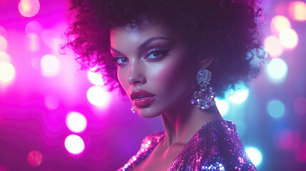 Glamorous portrait of a woman in vibrant nightclub lighting