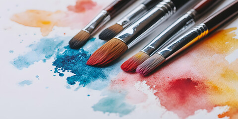 Fototapeta premium Close-up of Paintbrushes on Vibrant Paint Surface
