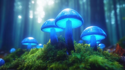 Fototapeta premium Glowing blue mushrooms in mossy forest.