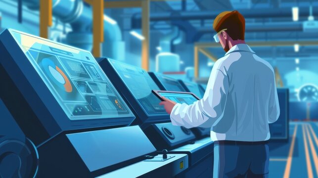A factory floor manager consults a futuristiclooking tablet which displays live updates from an AIpowered predictive ytics system providing realtime insights into production