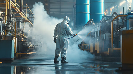 Worker in protective gear cleaning machinery inside an industrial facility during a maintenance operation