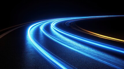 Glowing blue light trails on a curved road at night.