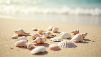 Seashells scattered on sandy beach with ocean in background. Focus on central spiral shell, blurred background, highlighting texture.