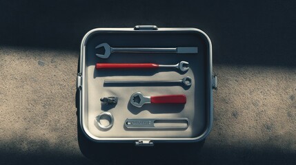 Top view of open toolbox with important repair tools on neutral surface.